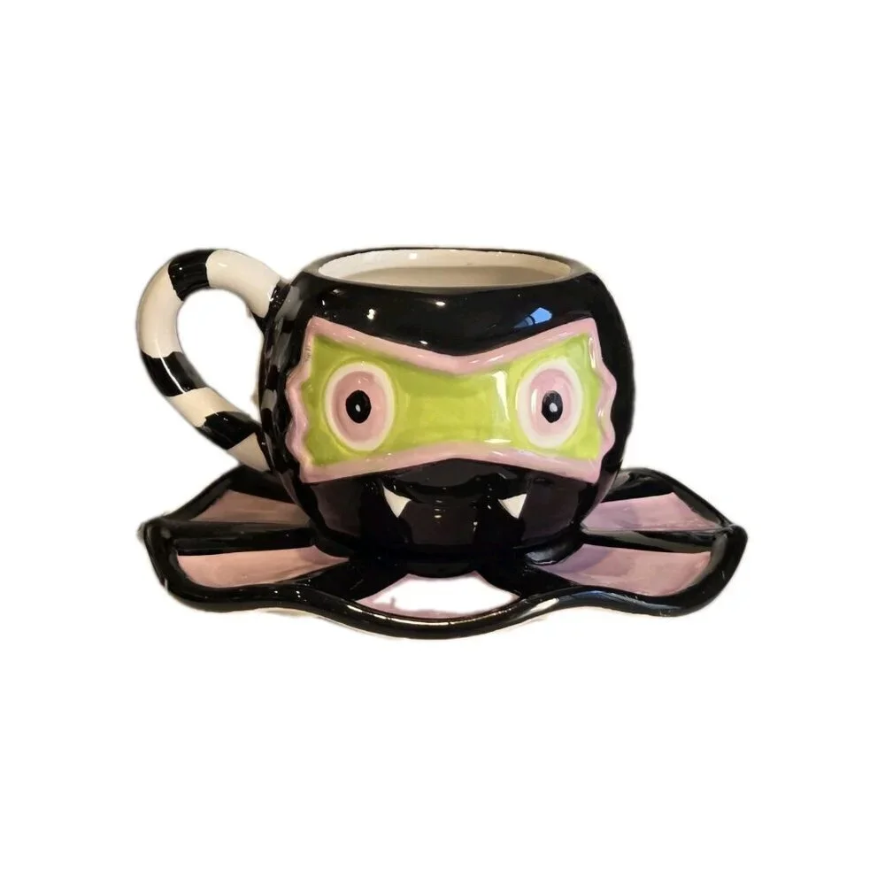 New Halloween Circus Pink / Green Cat W/ Bat Mask Coffee Tea Cup W/ Saucer